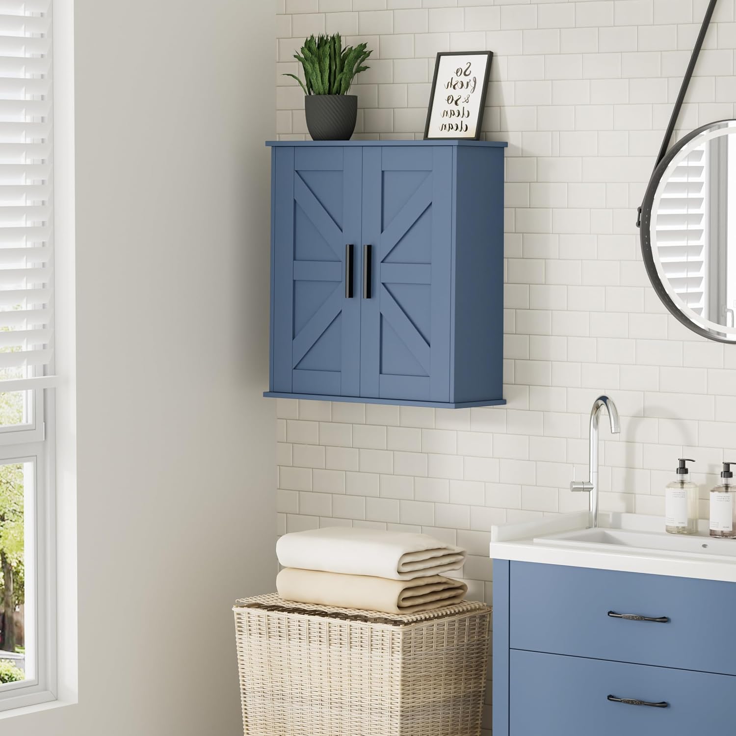 Bathroom Wall Cabinet, Over Toilet Storage Cabinet with Barn Doors and Adjustable Shelves, 3-Tier Medicine Cabinet Wall Mounted, for Bathroom, Kitchen, Entryway, Laundry Room, Blue, (7.9" D)