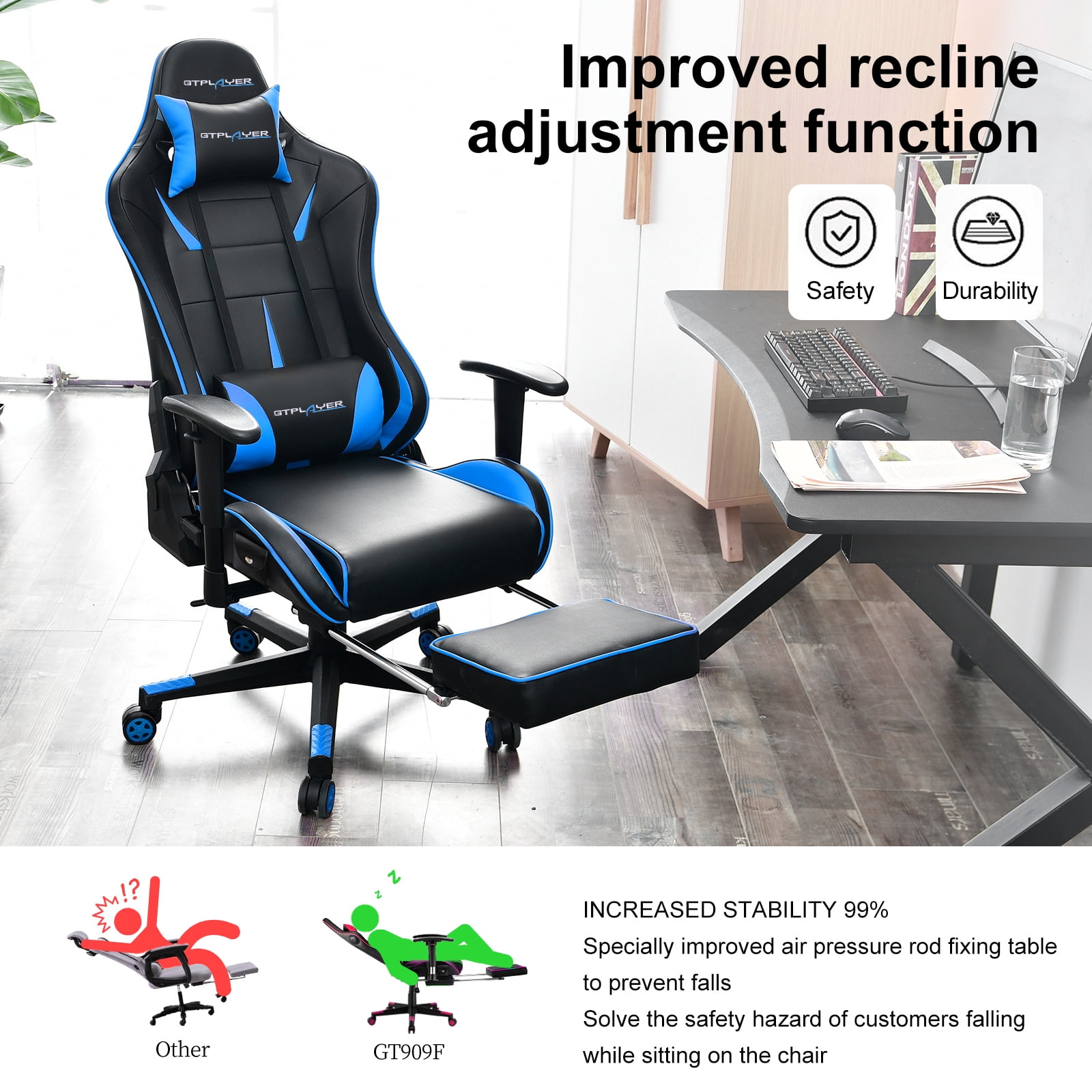 GTRACING Music Gaming Chair with Footrest Ergonomic Reclining PU Leather Office Chair, Blue