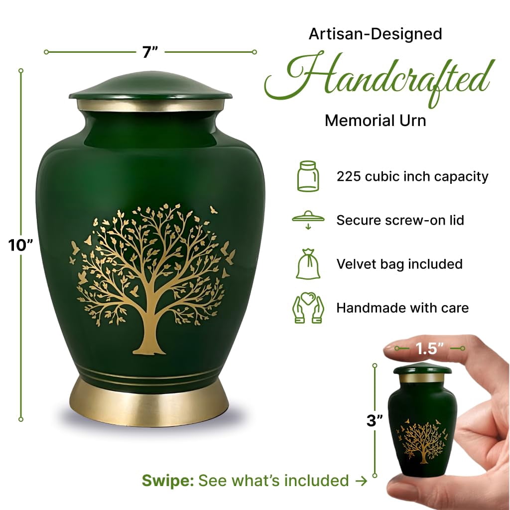 AmericUrn Green Tree of Life Cremation Urns for Human Ashes – Adult Female and Male Memorial Set of 6 with 1 Large Urn, 4 Keepsake Urns & 1 Necklace Urn