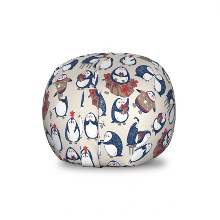 Christmas Storage Toy Bag Chair  Sketchy Hand Drawn Grunge Penguins with Boxes Stars Celebration Theme  Stuffed Animal Organizer Washable Bag  Small Size  Navy Blue White Umber  by Ambesonne
