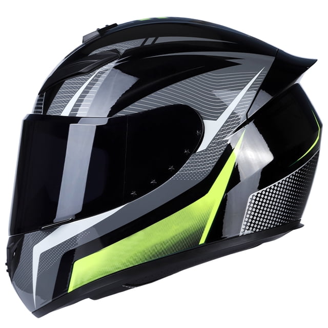 casco de moto integral rapid street casco unisex adulto cool multicolor, vista lateral derecha en 3/4 con visera ahumada y carcasa ABS brillante, gráficos negro y gris con franjas verde neón, forro interior desmontable hecho de material ecológico según especificaciones, tallas M–XL (57–62 cm) y peso 1750 g; también es adecuado para llevar el casco en mochilas de viaje.