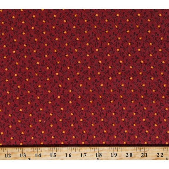 Cotton Tiny Flowers Small Scale Floral Scroll Vines Dots Gold on Red Baltimore Album Cotton Fabric Print by the Yard (A-393-R)
