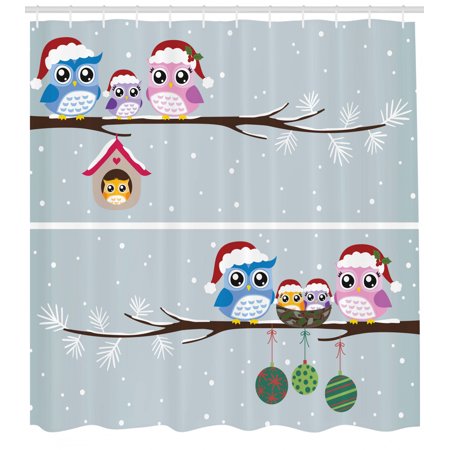 Christmas Shower Curtain Owl Family With Santa Hats On Tree Branch With Babies In Nest Birds Snowy Winter Print Fabric Bathroom Set With Hooks Grey By Ambesonne Walmart Com