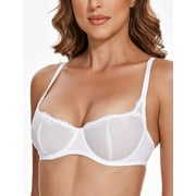 Wingslove Womens Sexy Lace Bra Mesh Balconette See Through Bralette Half Cup Sheer Bras Unlined Underwire Suppport (White,32DD)
