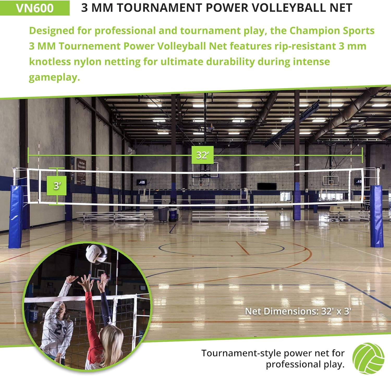 Champion Sports VN600 Official Tournament and Olympic Sized Volleyball Nets, Tournament (32' x 3'),Black/White