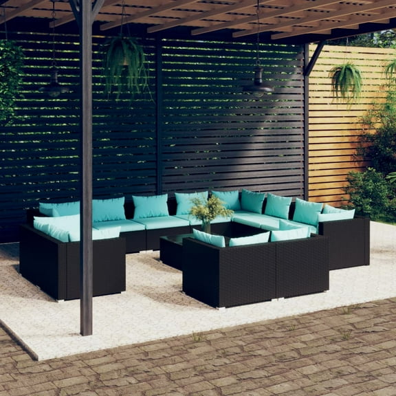 vidaXL 13 Piece Patio Lounge Set with Cushions Black Poly Rattan, 3102897