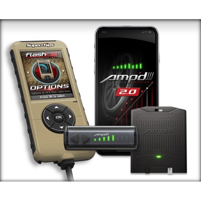 Fits 2007-2018 Jeep Wrangler JK Superchips Computer Chip/Module 3571-A2 Computer Chip/Module; Amp D 2.0; Use to Remove The Factory Pedal Lag; With 5 Preset Throttle Curves; WIth Flashcal