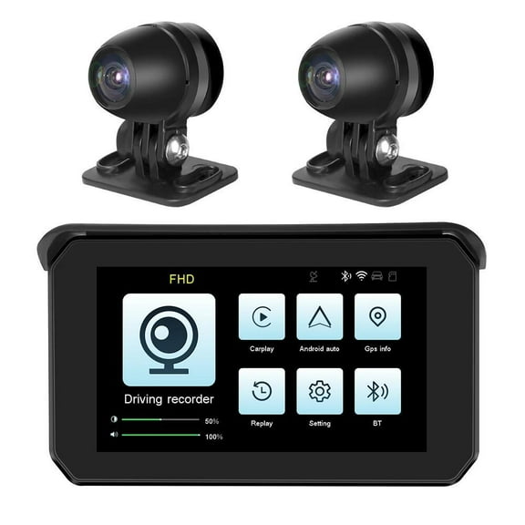 Motorcycle Dash Cam – Bigcan Dual Lens 2K Front   1080P Rear AHD Recorder with Wireless CarPlay, Android Auto, GPS Tracking, TPMS, 5” Display, IP68 Waterproof, Emergency Video Lock