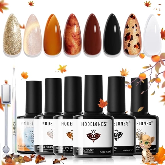 Modelones Gel Nail Polish Set, 6 Fall Colors Clear Blooming Nude Gold Glitter Cat Eye Gel Polish Amber Brown Jelly Maroon Black Nail Polish 2025 Leopard-Print Theme with Magnet& Liner Pen LED Mani