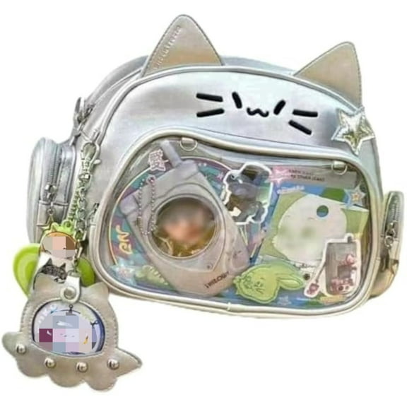 Cat Ita Bag with Clear Pin Window, Cute Anime Backpack, Pin Display Backpack, Kawaii Japanese PU Leather Y2k Aesthetic Shoulder Bag