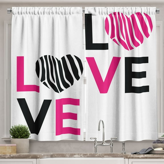 Ambesonne Pink Zebra Kitchen Curtains, Zebra Stripes Hearts, 55"x39", Pink Black and White