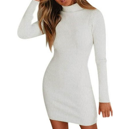 LUXUR Ladies High Neck Short Mini Dress Sexy Holiday Knitted