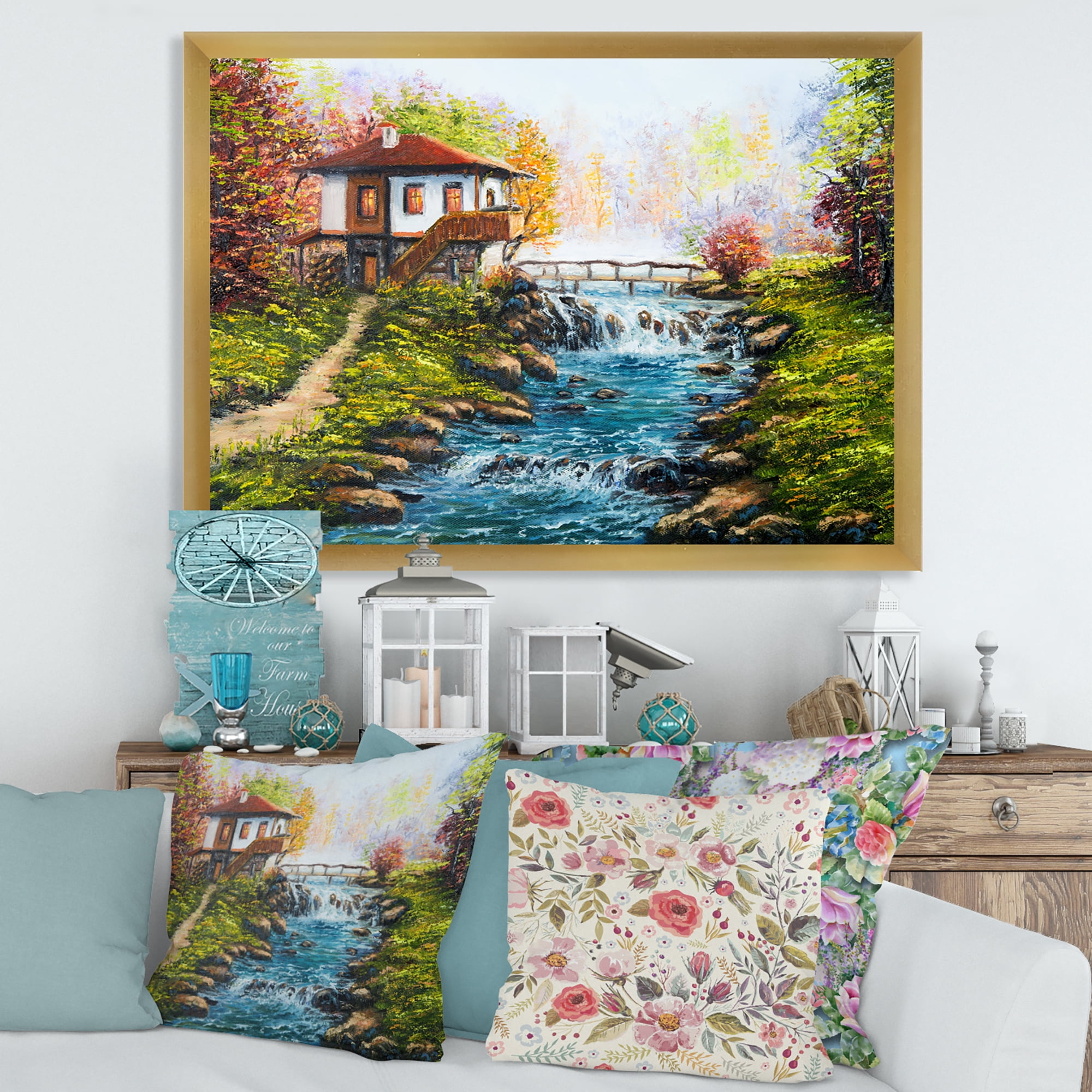 Designart 'Traditional Bulgarian River and House' Lake House Framed Art Print