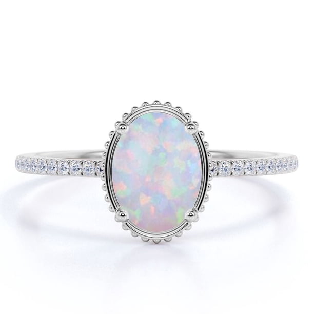 JeenMata Anillo de Compromiso Antiguo de 1,75 Uds con Ópalo Real de Talla Ovalada y Moissanita en Oro Blanco de 18 K sobre Plata