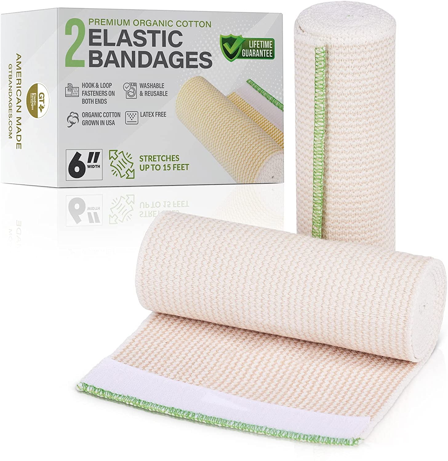 GT USA Organic Cotton Elastic Bandage Wrap (6" Wide, 2 Pack) Hook