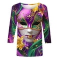 thumbnail image 4 of YOIAVAIOY Women Funny Mardi Gras Shirts 3/4 Sleeve Crew Neck Carnival Print Top Happy Holiday Trendy Outfits Multicolor S, 4 of 5