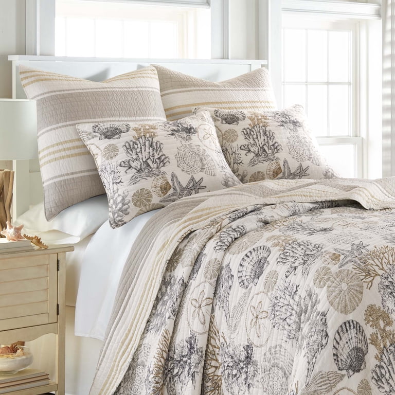 Nautica King Quilt Set - Reversible Beige & Grey Striped Cotton Bedding With Shams