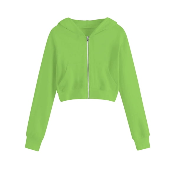 Lenpel Girls' Zip up Hoodies Casual Long Sleeve Cropped Sweatshirts Fleece Outwear Jackets with Pockets for Kids 5-14 Y(Green,13-14 Years)