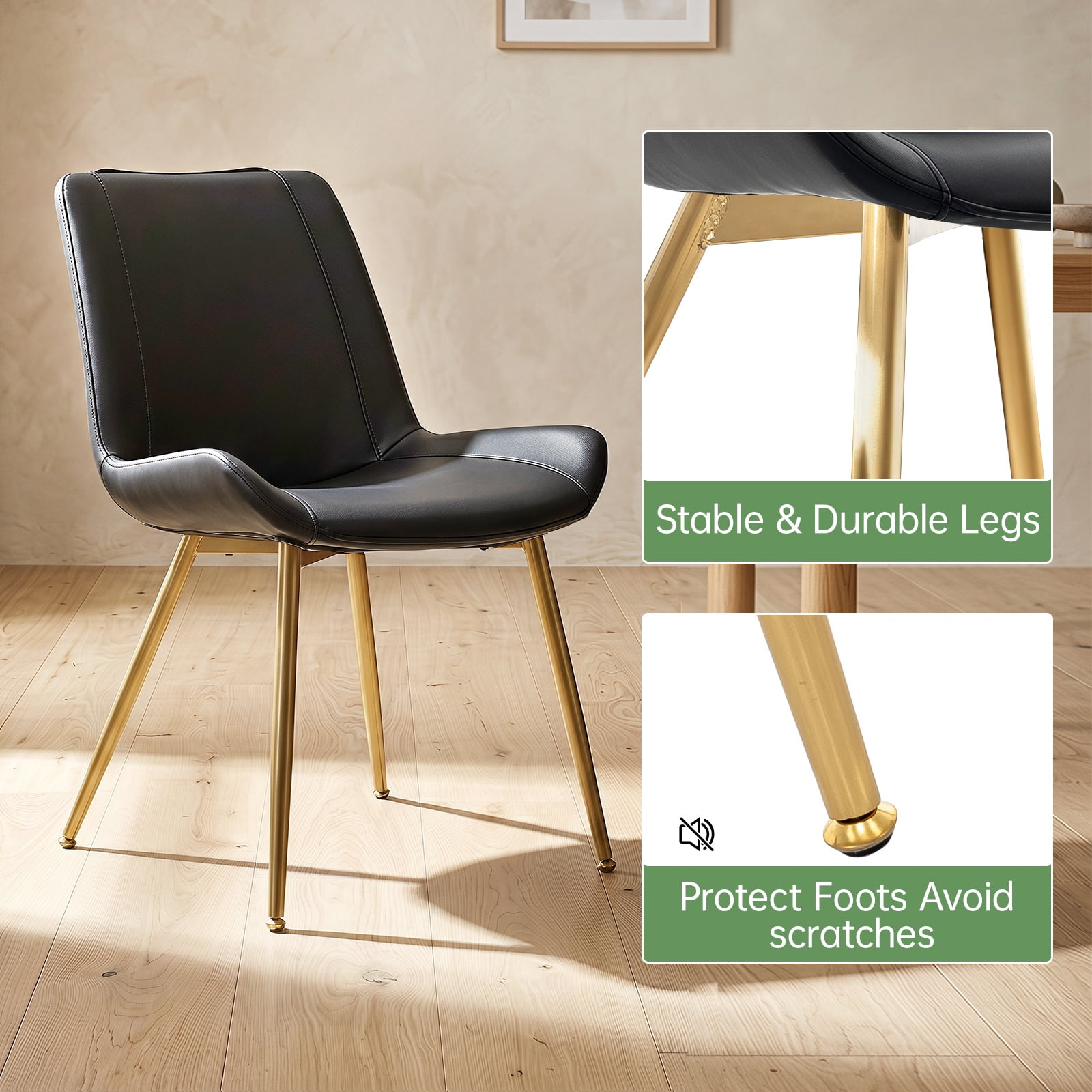 Modern Faux Leather Dining Chairs Set of 2, Upholstered Kitchen & Dining Room Chairs with Backrest, Durable Metal Legs(Black, Gold Legs)