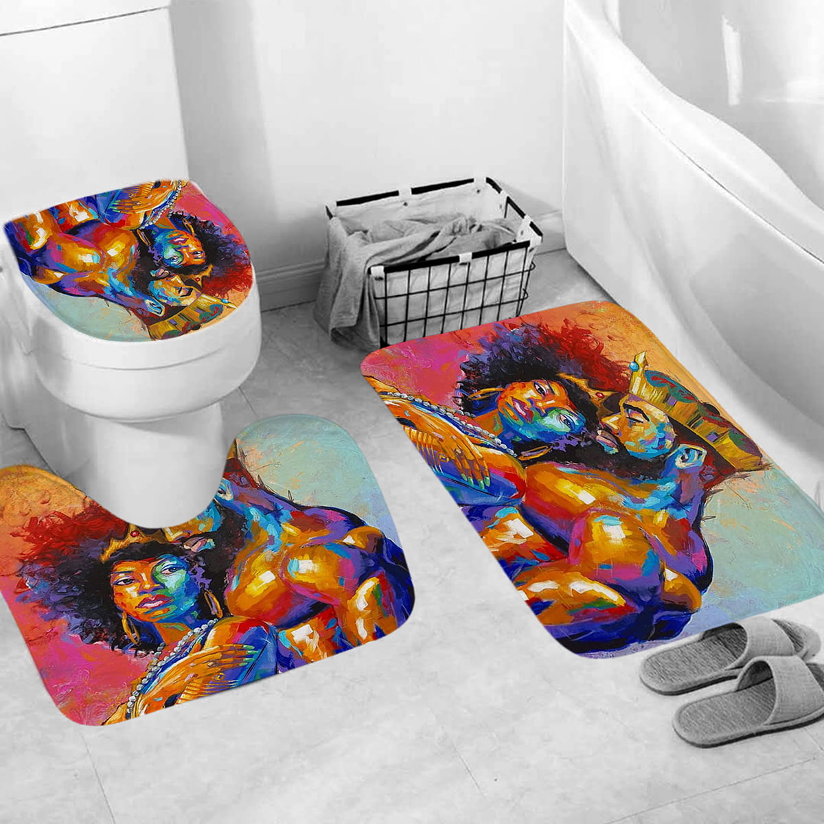 1/3/4PCS Print Bathroom Shower Curtain+Lid Toilet Cover+Bath Mat+Non-Slip Rug US 