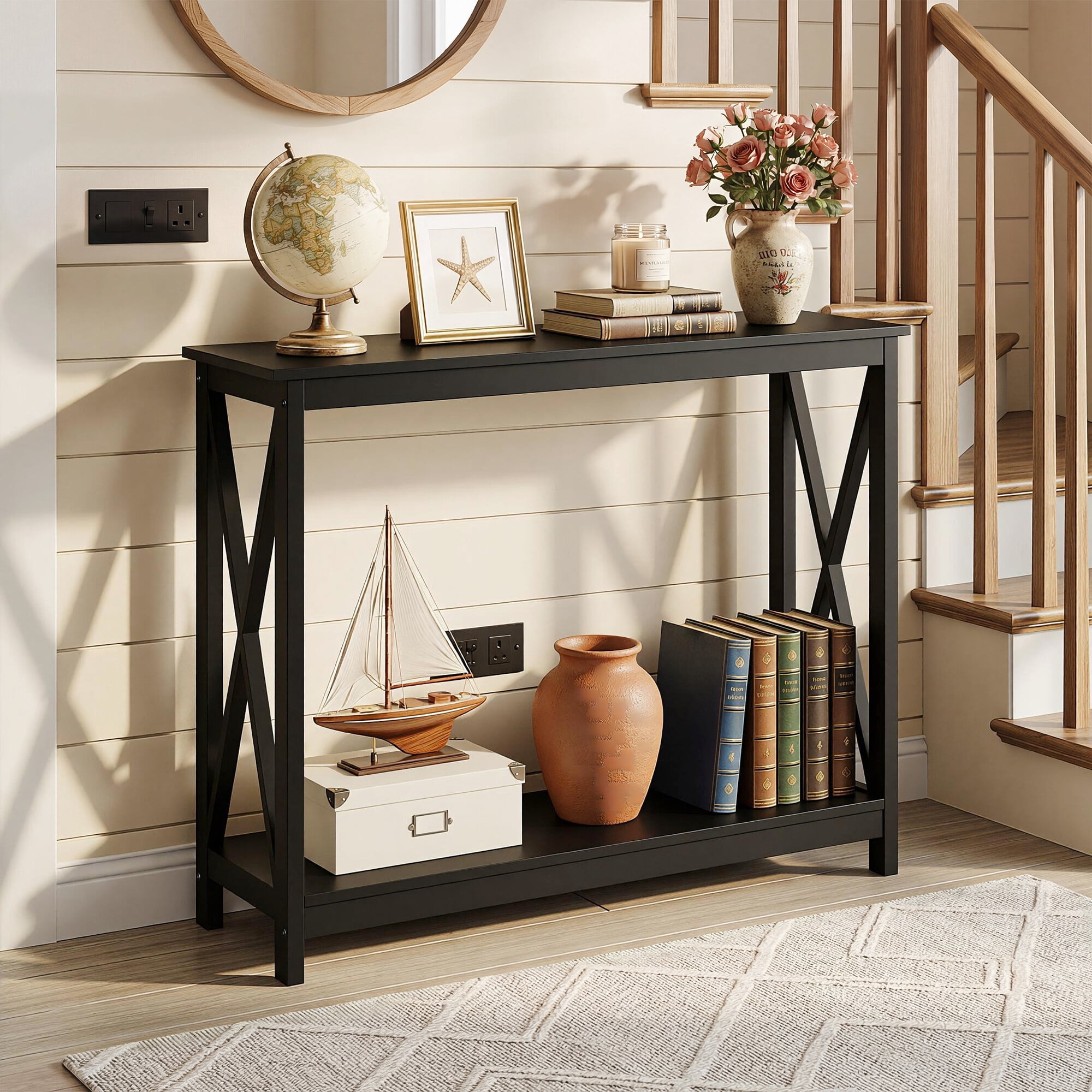 ZENY 39.4" 2-Tier Narrow Entryway Console Table, X-Shape Sofa Table, Black
