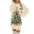 thumbnail image 2 of Women's Round Neck Casual Long Sleeve Plush Christmas Printed Dresses, Festive Fall and Winter Wear for Holiday Parties, Cozy and Soft Material,Khaki,L, 2 of 6
