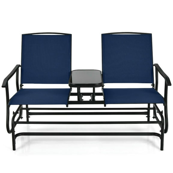 GVN Backyard Furniture Sets,Outdoor Furniture Sets,2-Person Double Rocking Loveseat with Mesh Fabric and Center Tempered Glass Table-Navy
