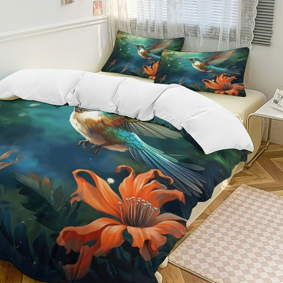 Flower Hummingbird 3 Pieces Duvet Cover with Zipper Closure,Premium Polyester Lightweight Bedding Set