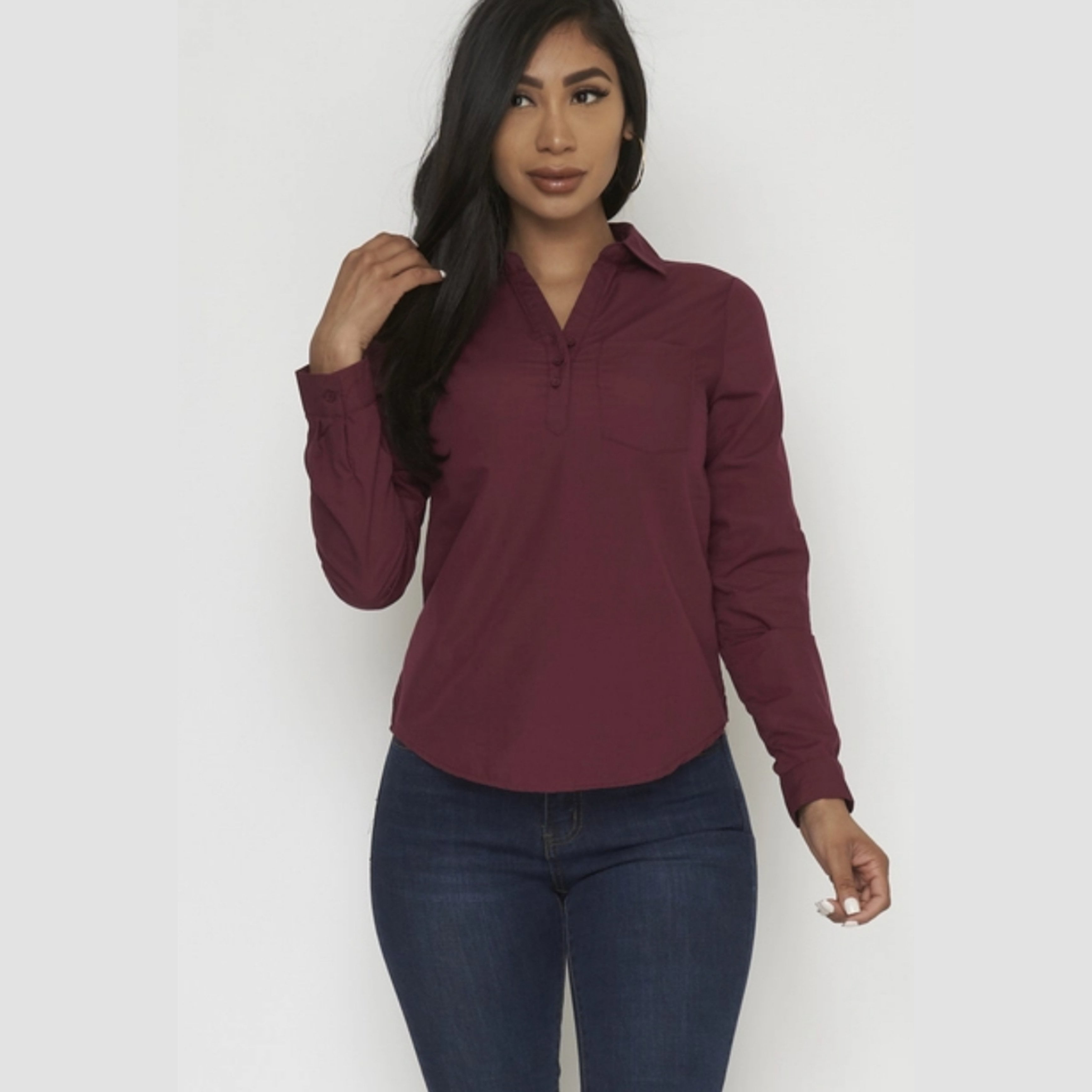 Women's Solid Long Sleeve Dress Shirt 