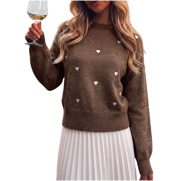 qafoshin Embroidery Sweater for Women Crew Neck Long Sleeve Shirts Loose Cropped Pullover Fall Sweater Tops