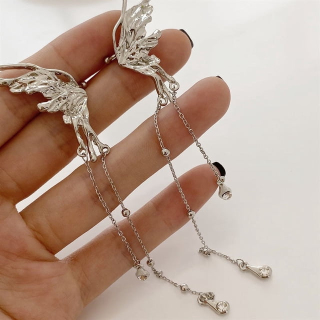 RV Clip de oreja de mariposa Súper Hada de ala de Ángel para mujer, Clip de oreja con flecos y orificio para la oreja, pendientes Premium de diseño pequeño