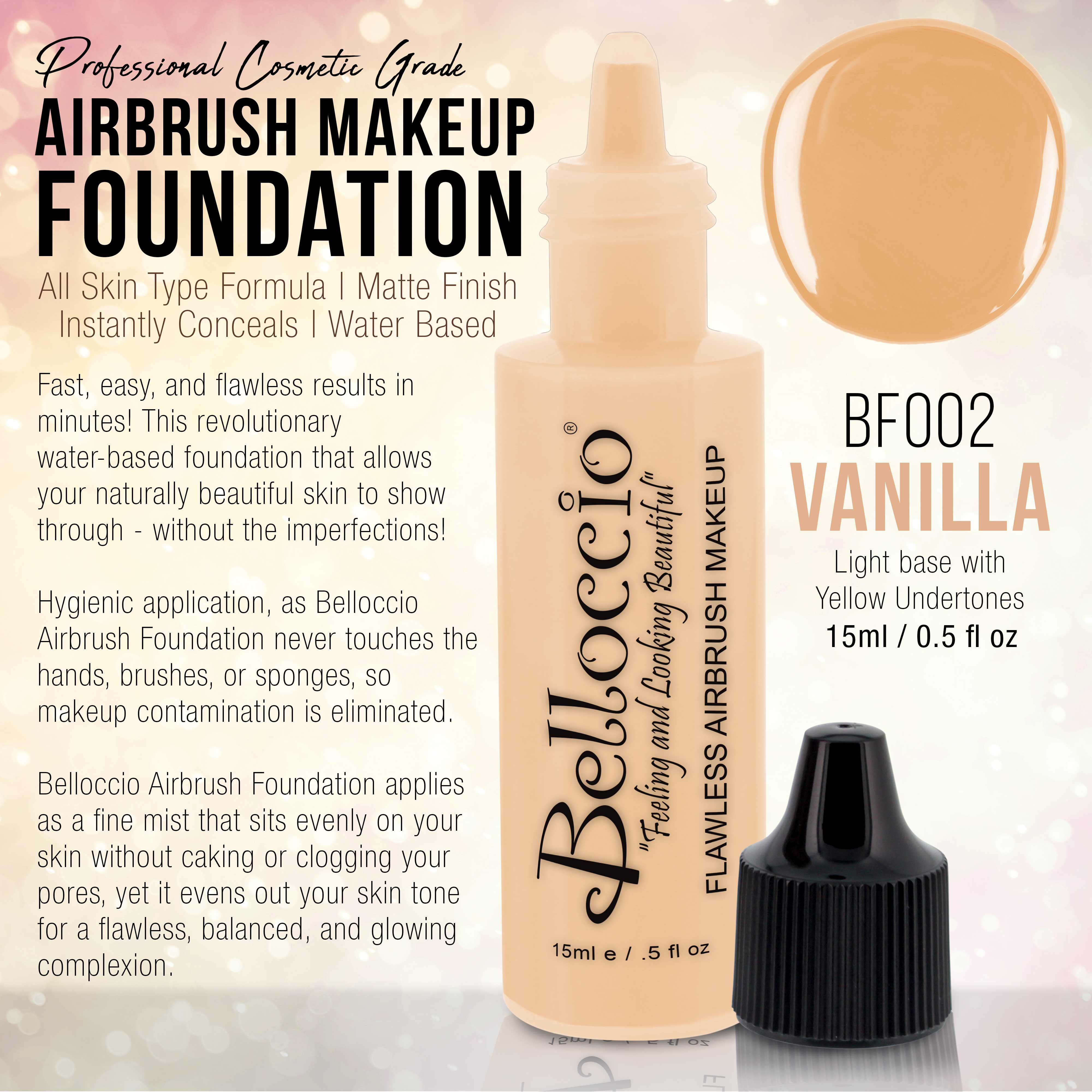 Belloccio Airbrush Cosmetic Makeup System with a MASTER SET of All 17  Foundation Shades plus Blush, Shimmer and Bronzer All in 1/2 oz bottles  Deluxe 1/2-Oz Set All 17 Shades