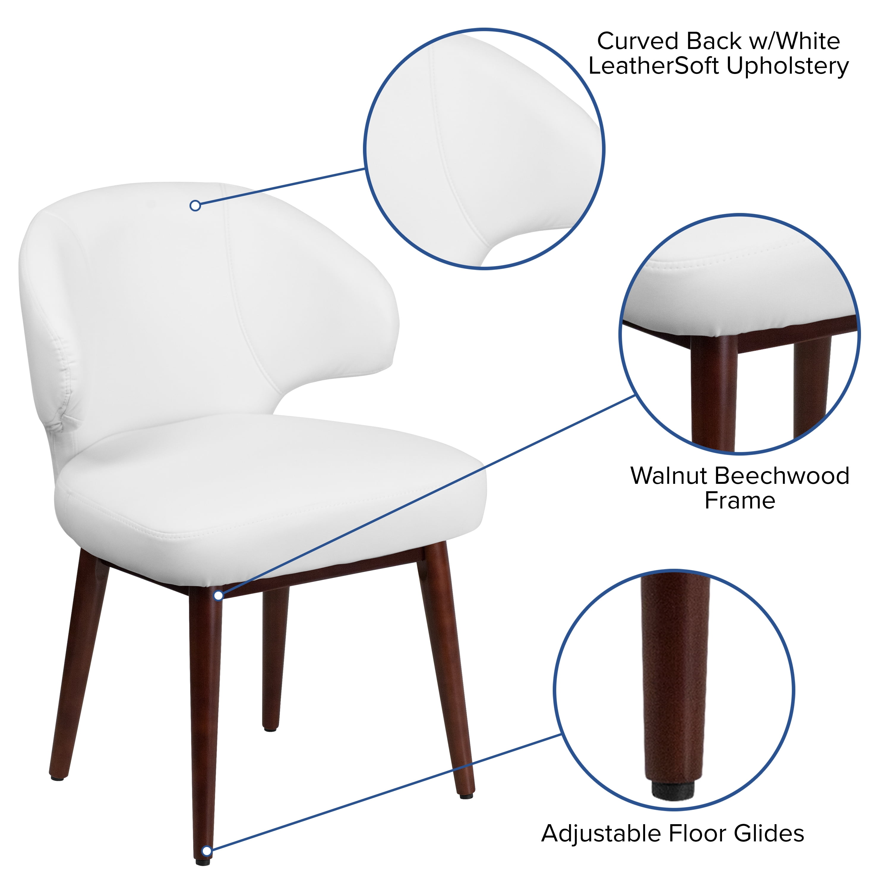 Flash Furniture Comfort Back Series White LeatherSoft Side Reception Chair with Walnut Legs