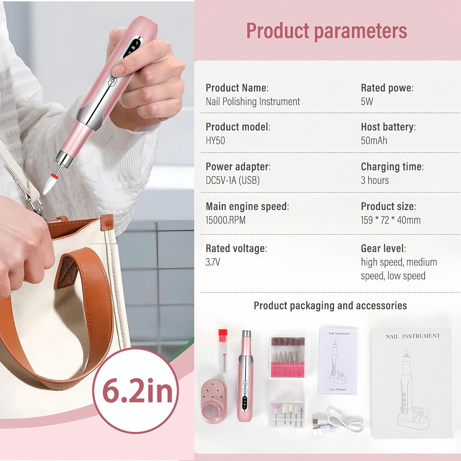 Professional Cordless Nail Drill Kit: 3-Speed Adjustable, Ultra-Quiet Electric Manicure Tool with 12 Bits & 31 Bands for Salon/Home Nail Art, Rechargeable & Portable
