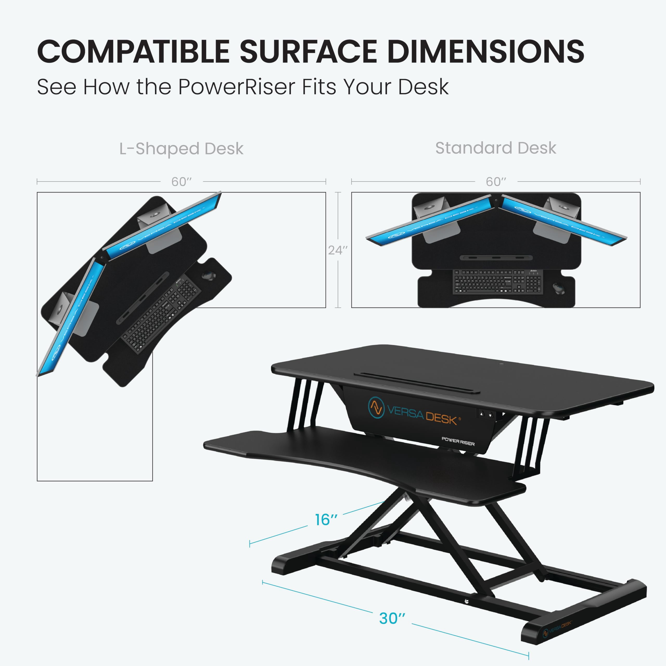VersaDesk PowerRiser Electric Height Adjustable Standing Desk Riser, MDF & Steel, Keyboard Tray, Sit-to-Stand, Dual Monitor Support, | Black, ( 32 )