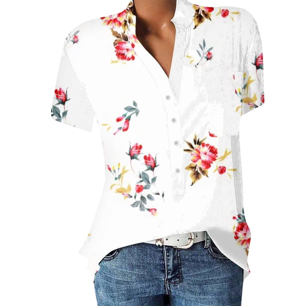 Gibobby Playeras Mujer Camisetas Cuello V Camiseta manga corta con estampado flores y cuello en V encaje informal a la moda verano para mujer(Blanco,G)
