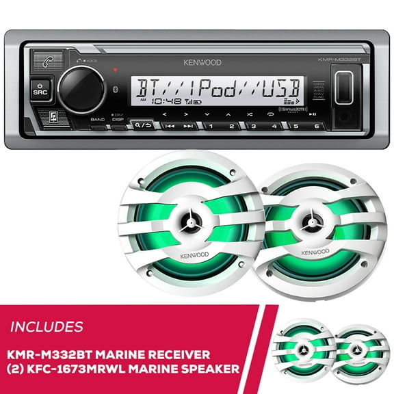 Kenwood KMR-M332BT Digital Media Receiver with Bluetooth with 2 Pairs of KFC-1673MRWL 6.5" 2-way Marine Speaker W/ LED (White), 260W Max power