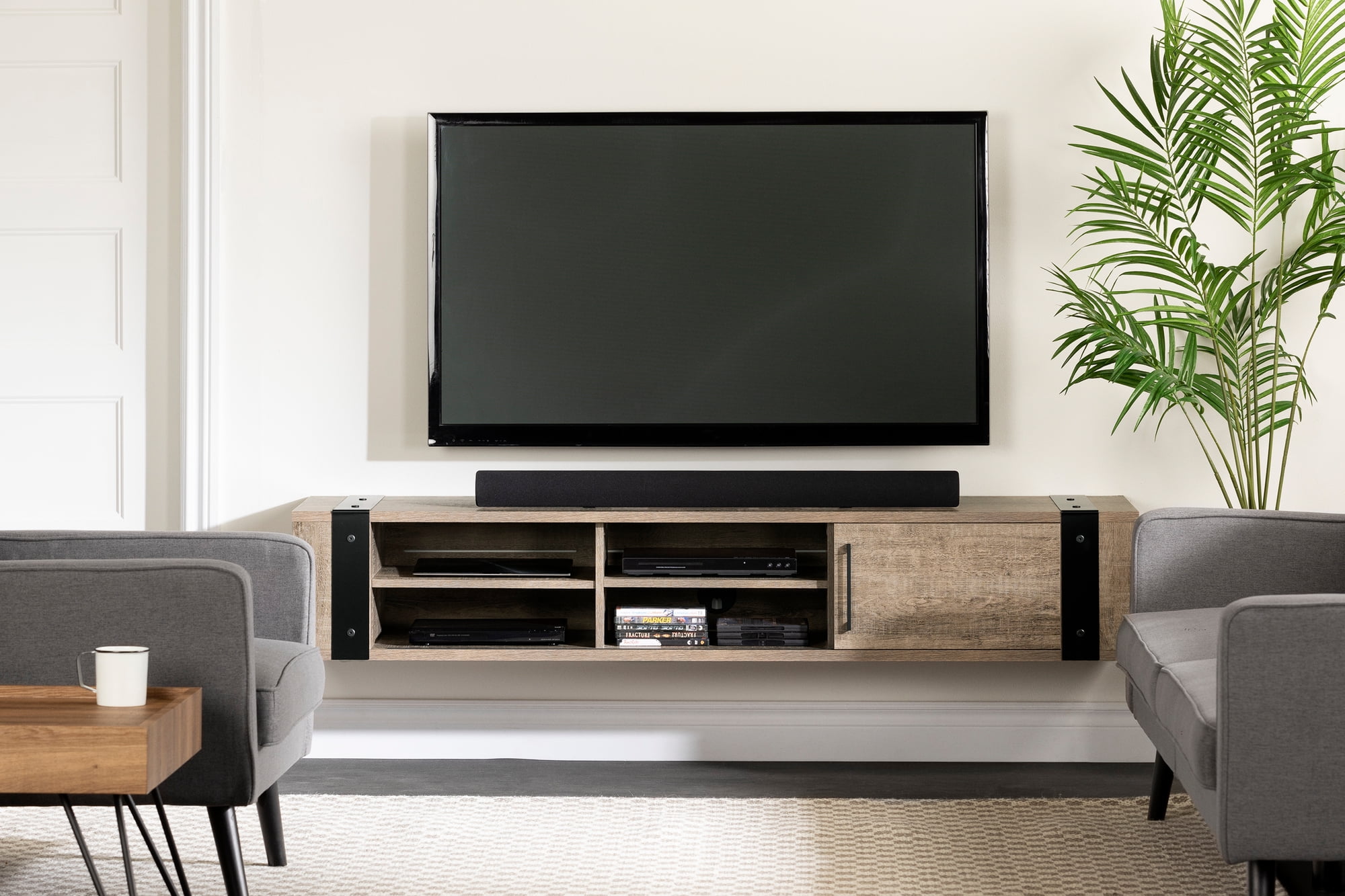 South Shore Munich Wall Mounted TV Stand, 75" Screen or less, Weathered Oak