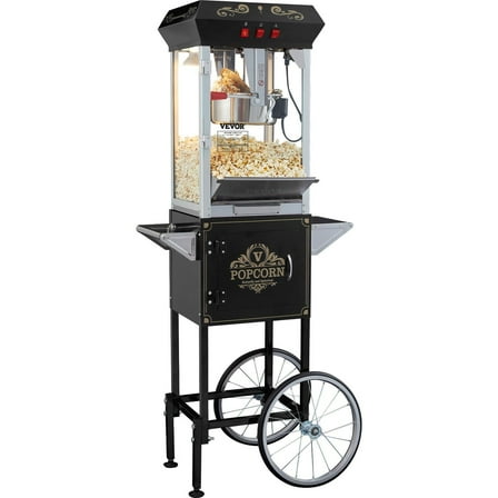 Popcorn Maker Machine with Cart - 850W 8oz (48 Cups) Commercial Popcorn Popper, Black – for Home, Theater & Party Use
