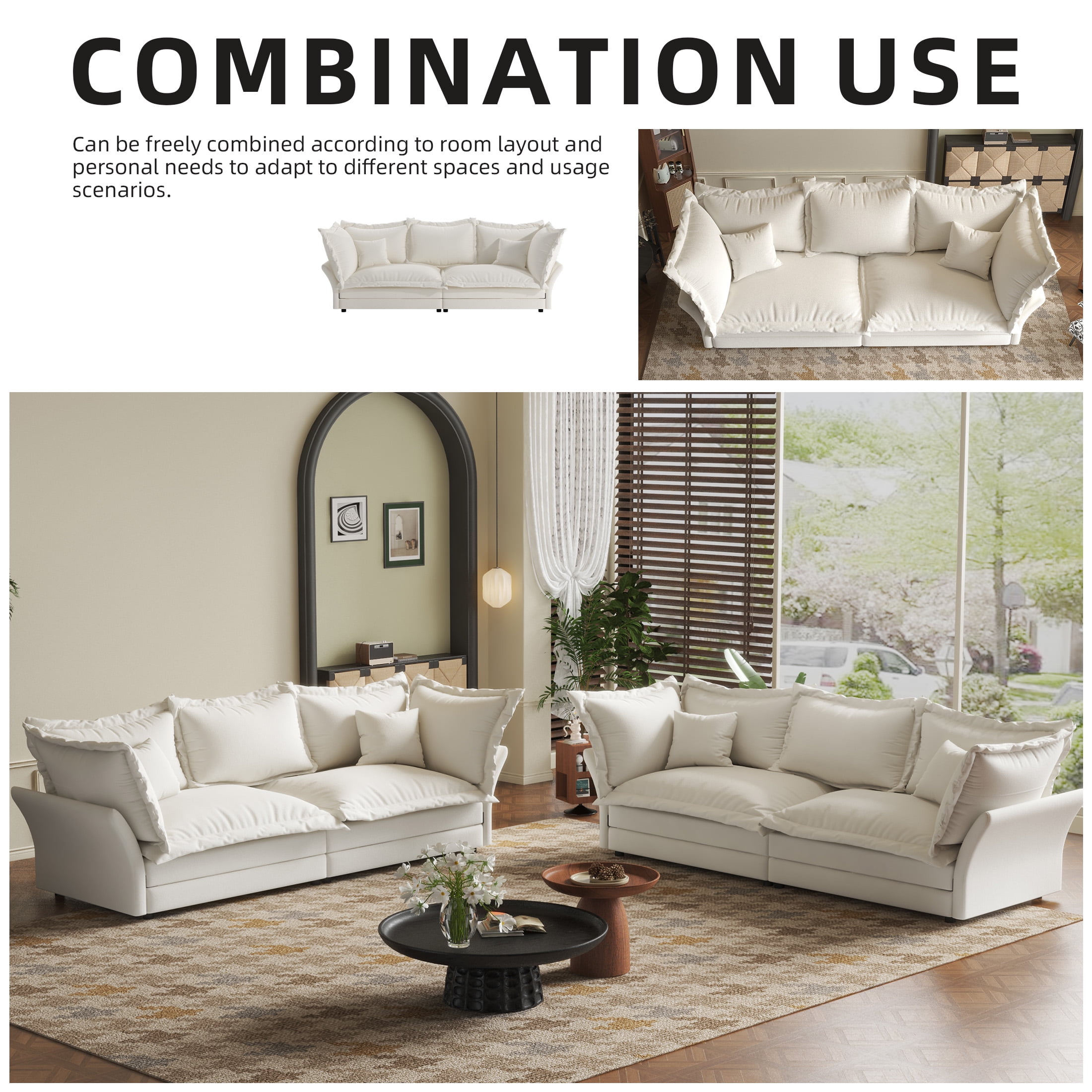Aukfa 90.55" Overstuffed Sofa Cloud Couch, Convertible Deep Seat Chaise Longue with Large Pillows for Living Room, Beige