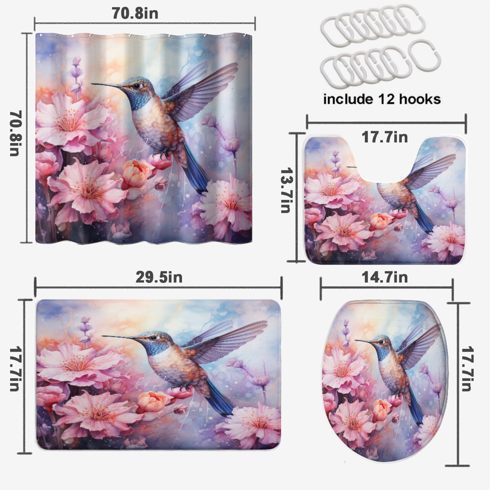 Watercolor Flower Hummingbird 4 Pcs Shower Curtain Set Spring Bird Floral Plant Nature with Toilet Lid Cover and Bath Mat, Waterproof Shower Curtain with 12 Hooks, 72x72 Inch