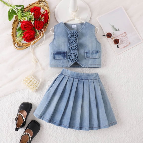 SONGGE Girls Outfit Sets With 3D Floral O-Neck Vest And Elegant Pleated Skirt Toddler Cartoon Breathable Clothes Sets