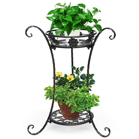 2 Tier Metal Plant Stand, Round Flower Pot Rack Planter Holder Modern For Garden Patio Indoor/Outdoor Black White