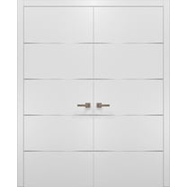 White Modern French Doors 60x80 with Strips | Planum 0020 Matte White | Frame Trims Lever Satin Nickel Hardware | Closet Solid Core Pre-hung Door