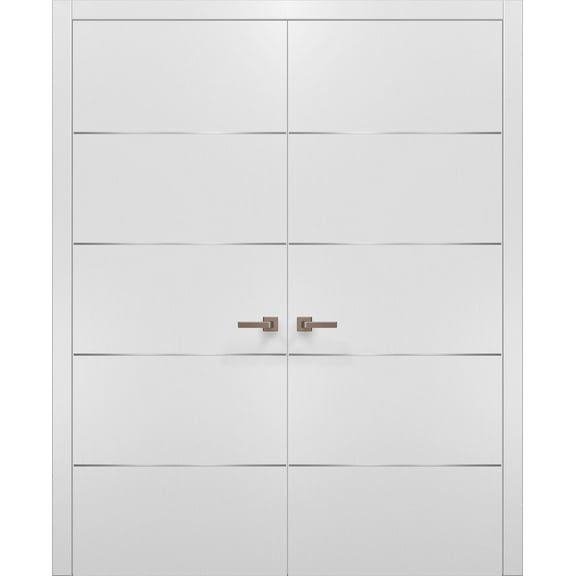 White Modern French Doors 60x80 with Strips | Planum 0020 Matte White | Frame Trims Lever Satin Nickel Hardware | Closet Solid Core Pre-hung Door