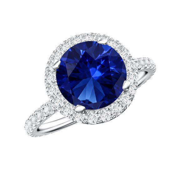 Rosec Jewels Classic Lab Blue Sapphire Engagement Halo Ring with Moissanite (AAAA Quality), 925 Sterling Silver, US 4.00
