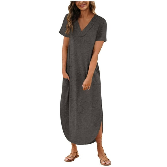 Daznico Elegant Dresses for Women,Women's 2024 T Shirt Dress Short Sleeve V Neck Solid Long Dress Side Split Casual Dresses with Pockets,Dresses for Women Hide Tummy