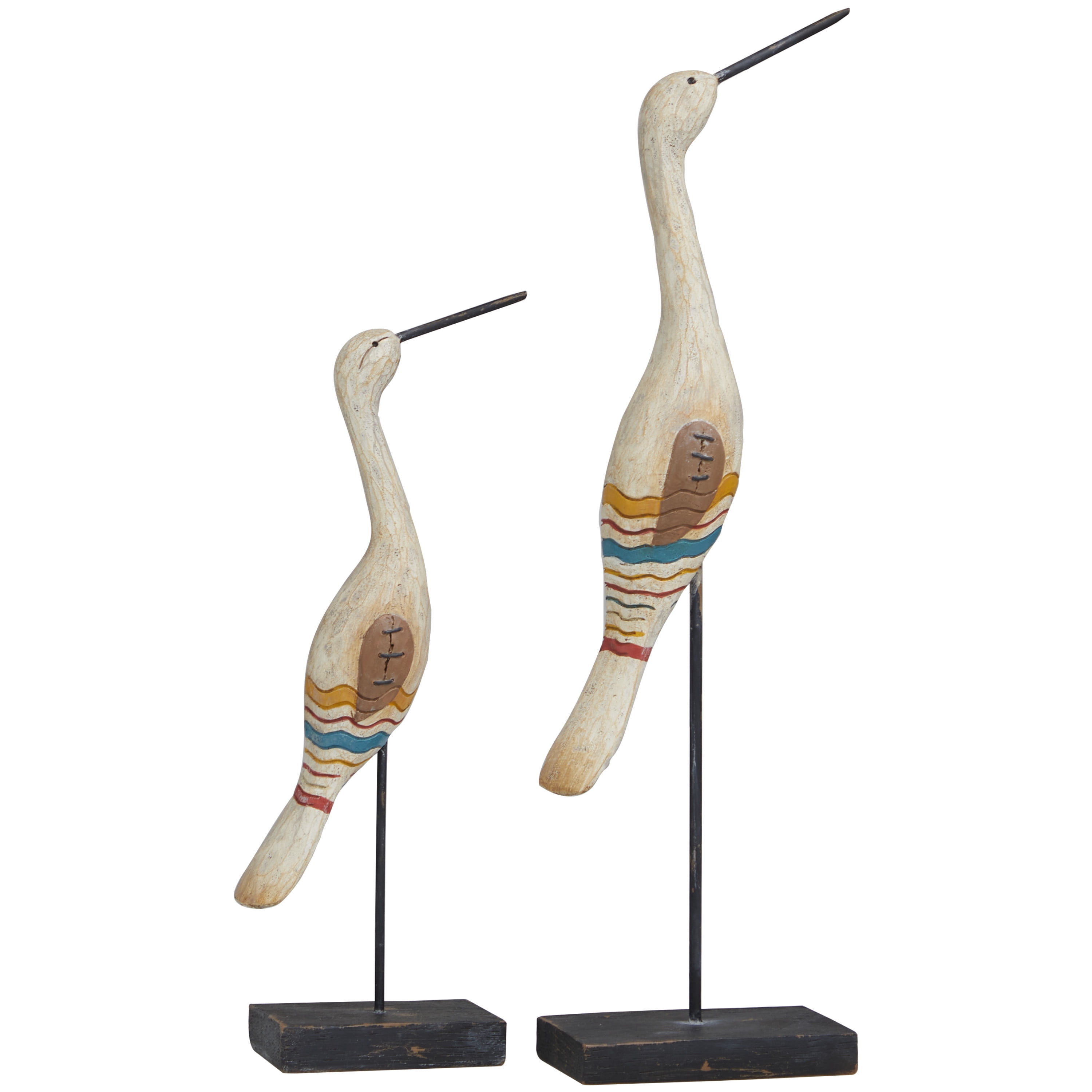 17", 12"H Cream Polystone Handmade Distressed Carved Bird Sculpture with Colorful Patterns and Black Stand, by DecMode (2 Count)