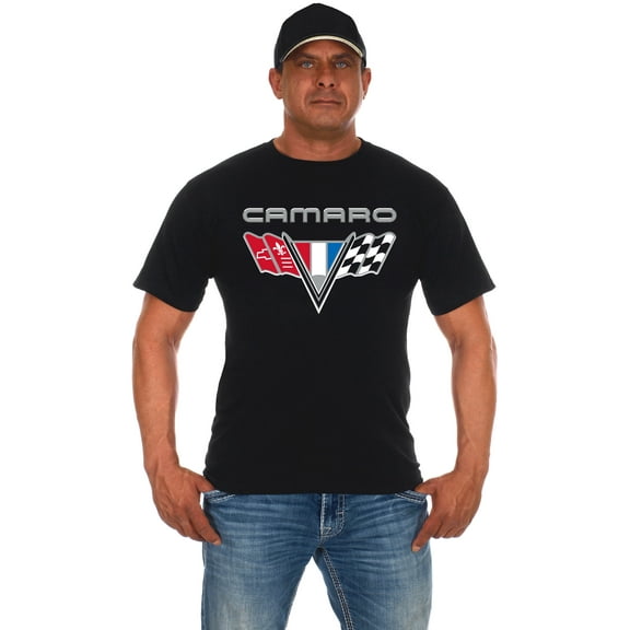 JH Design Men's Chevy Camaro Flag T-Shirt Short Sleeve Black Crew Neck Shirt