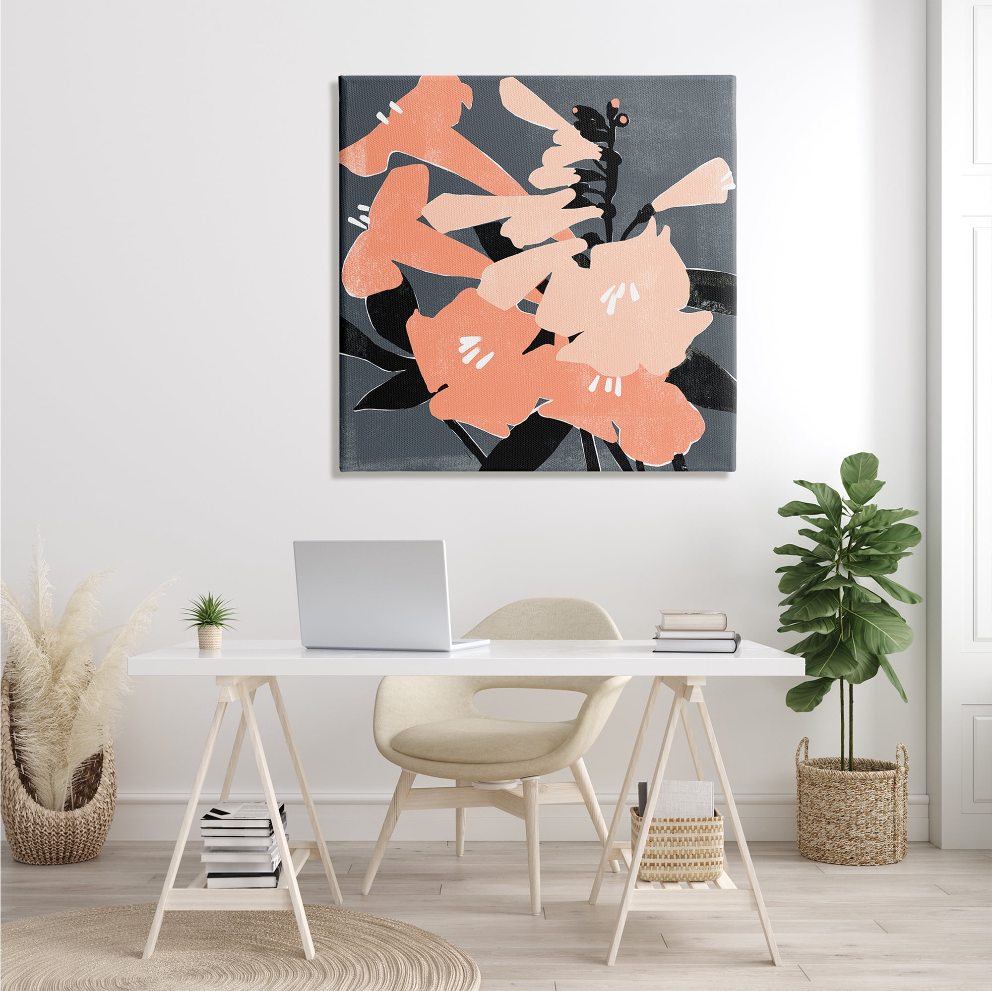 Stupell Industries Pink Pop Lilies over Dark Grey Neutral Branches Botanical & Floral Painting Gallery Wrapped Canvas Print Wall Art, 36 x 36